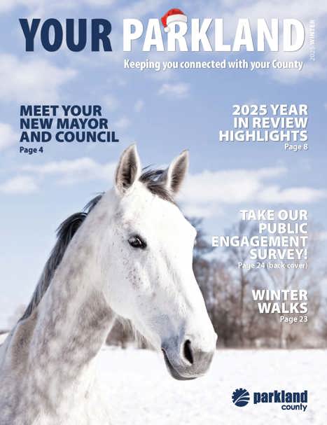 your parkland magazine cover featuring a white horse with text and a blue sky background